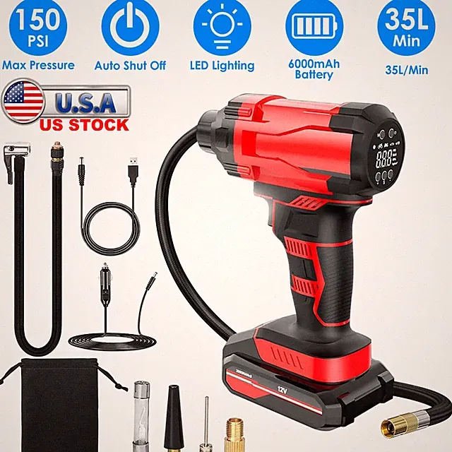 Tire Inflator Air Compressor, 12V Cordless Car Tire Pump with Rechargeable