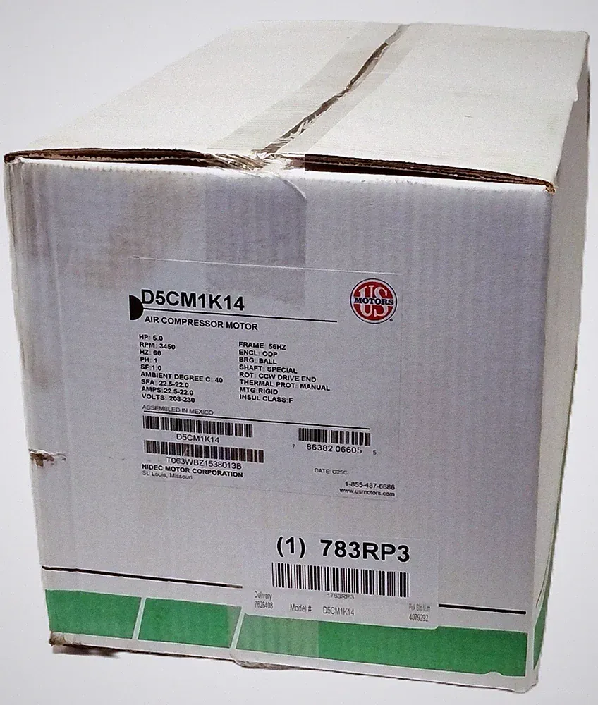 US Motors D5CM1K14 208/230 V AC 22 A 3450 RPM 5 HP Air Compressor Motor